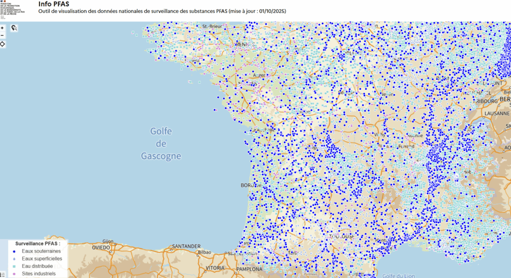 Carte interactive de l’Anses sur la surveillance des PFAS en France, basée sur plus de 2,5 millions d’analyses dans les eaux et les rejets industriels.