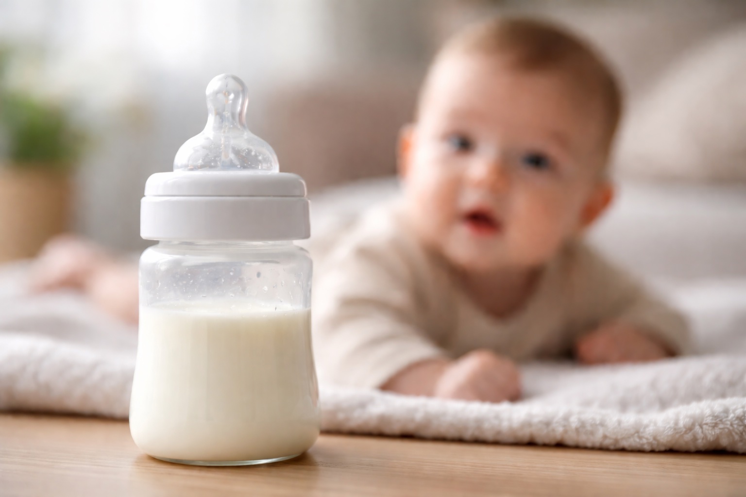 Biberon avec bébé en arrière-plan