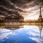 Le monde à l'envers avec une vue de l'Assemblée nationale et de la Tour Eiffel