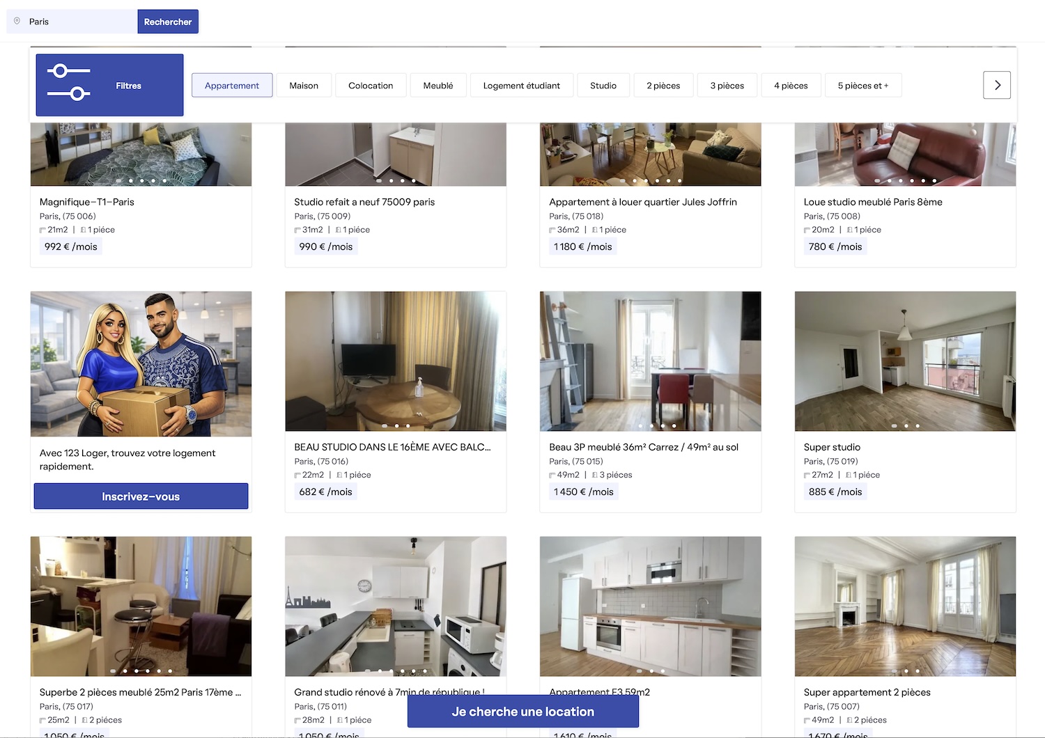 Capture écran site immobilier logements Paris