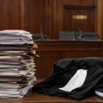 Tribunal avec pile de dossiers