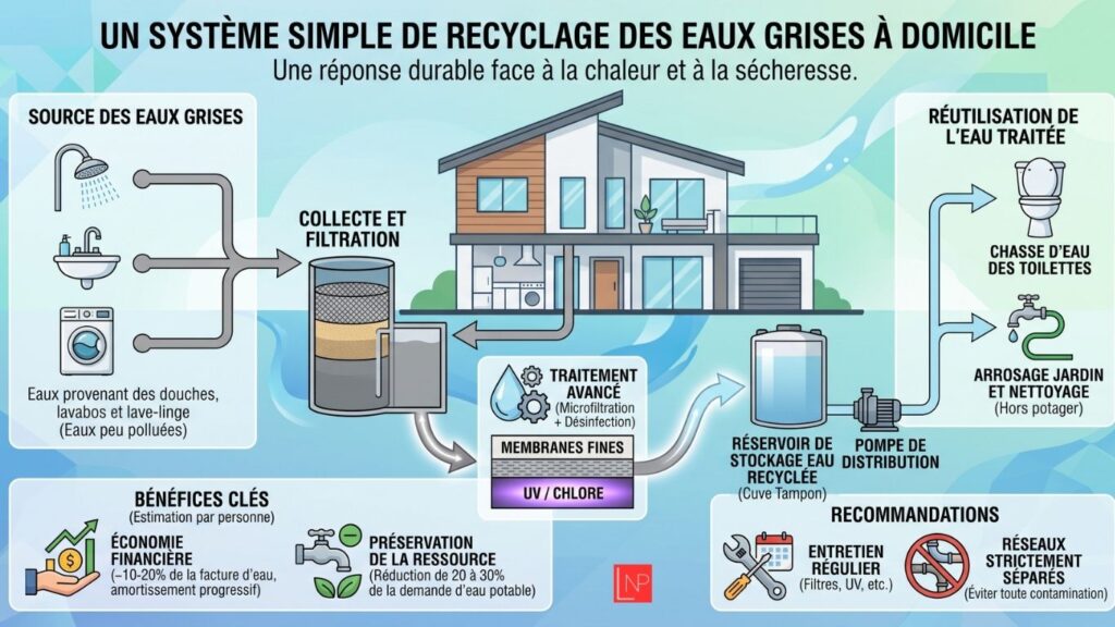 Infographie représentant un circuit de récupération des eaux grises