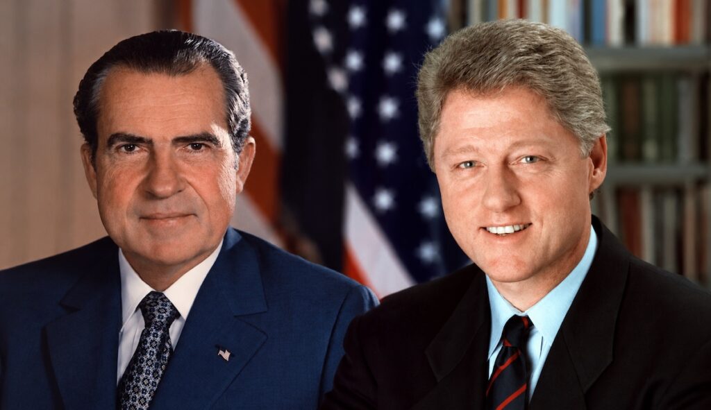 Photomontage LNP des portraits officiel de Richard Nixon (Photo Department of Defense) et de Bill Clinton (Photo Bob McNeely, The White House)